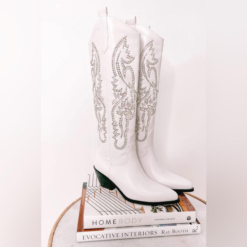 Women's White Embellished Knee-High Heeled Boots